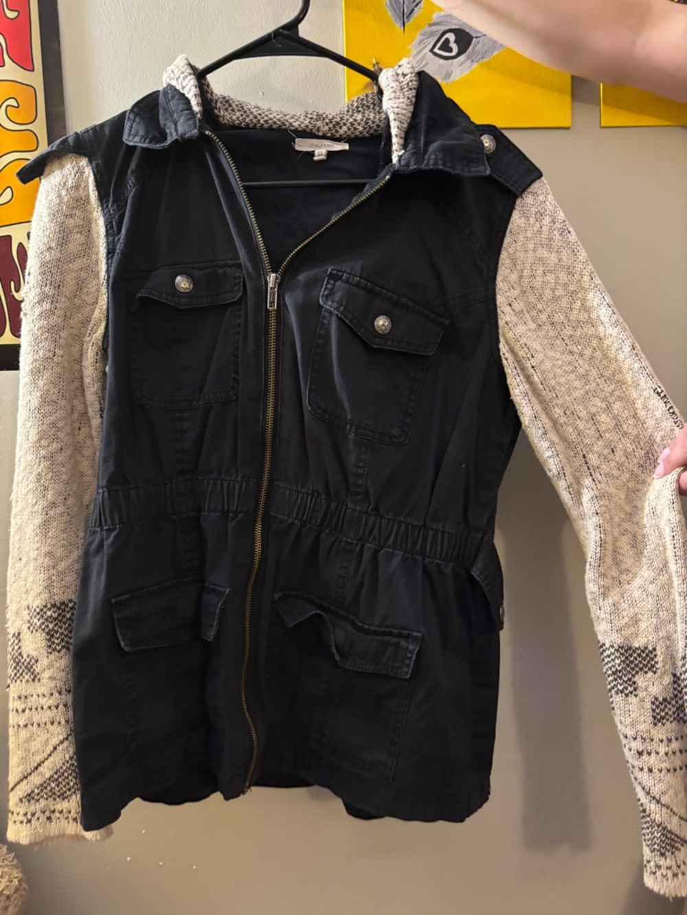 Maurices Black Utility Jacket with Cream Knit Sleeves